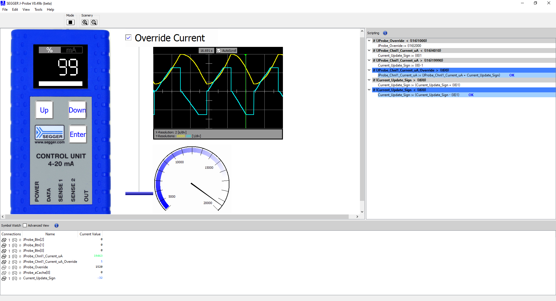 Blue control unit next to graph showing override current. Scripting list on the right